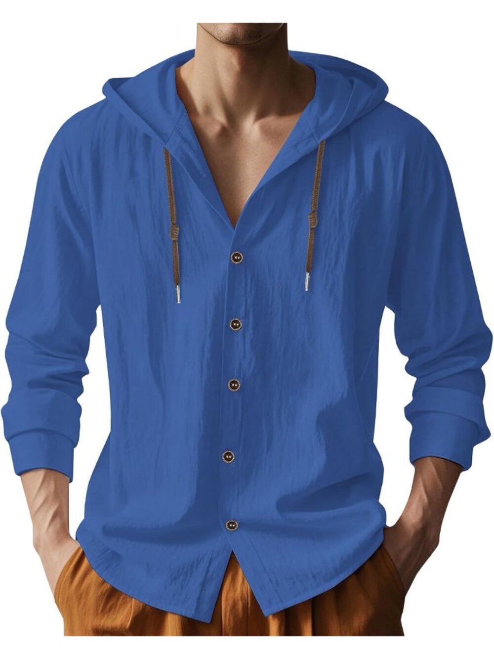 Men's Blue Cotton Linen Long Sleeve Top Casual Lightweight Button Down Hoodie